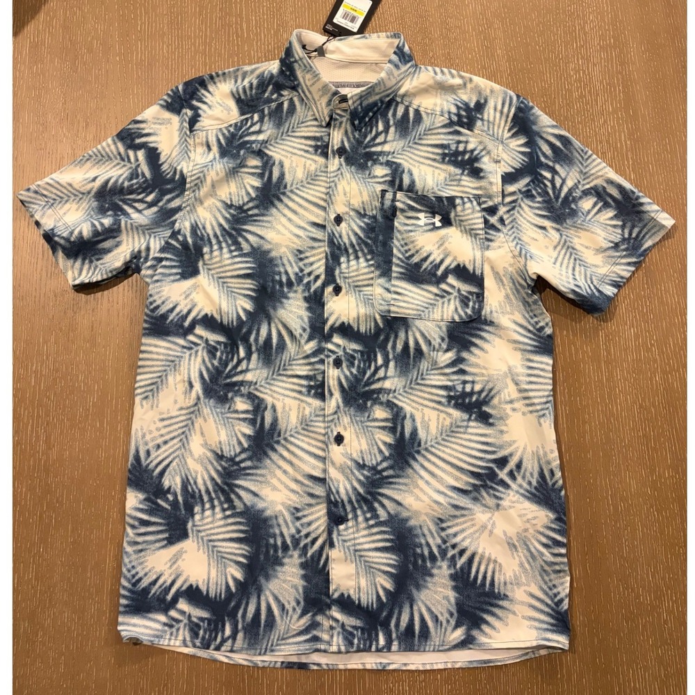 Men's Under Armour UPF 50 Dockside Short Sleeve Button-Down Shirt Medium Blue